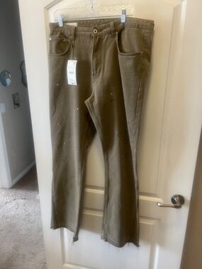 Olive Green Tan tint  Paint-Splatter Jeans